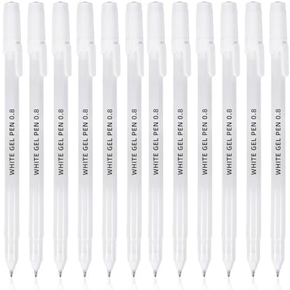 12 Pack White Gel Pens, 0.8mm Extra Fine Point, Premium White Ink Gel Pen, For Black Paper, Art, Drawing, Journaling
