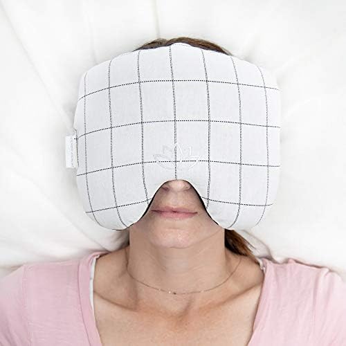 Migraine Relief Eye Pillow Masks with Bonus Washable Cover: Flaxseed Filled for Hot and Cold Pain Relief Therapy (Adult, White and Black, Blue and Ivory Stripe)