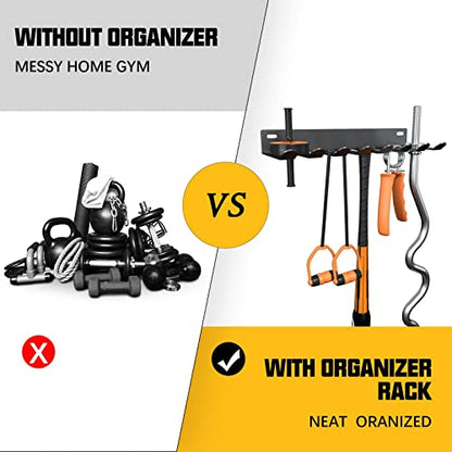 Wall Mount Gym Storage Rack, Heavy Duty Alloy Steel Workout Organizer with Carabiners, Hanging Holder for Yoga Mat Foam Roller Resistance Bands Jump Rope, Black