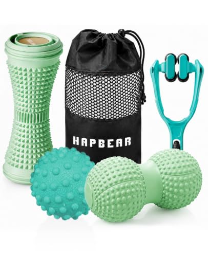 HAPBEAR Massage Ball Set 4 PC, Plantar Fasciitis Relief, with Storage Bag | Foot Roller, Peanut Ball, Spiky Release Balls, Finger Massager, Deep Tissue & Fascia Release Kit for Muscle Soreness Tension