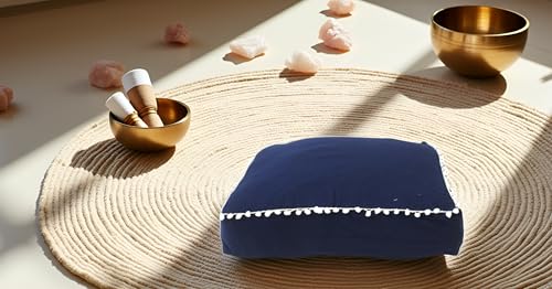 Mandala Barmeri Large Floor Pillow Cover Cushion Meditation Seating Ottoman Throw Cover Hippie Decorative Zipped Bohemian Pouf Ottoman Poufs, Pom Pom Pillow Cases (Blue, 24" square)