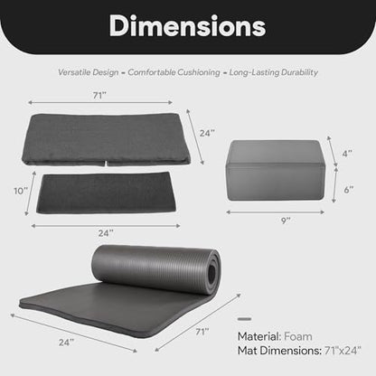 BalanceFrom 7-Piece Yoga Set with 71x24x1 Inches Extra Thick Mat and Carrying Sling – Includes 2 Blocks, Stretch Strap, 2 Towels, and Knee Pad for Home, Studio, and Gym Workouts - color: Gray