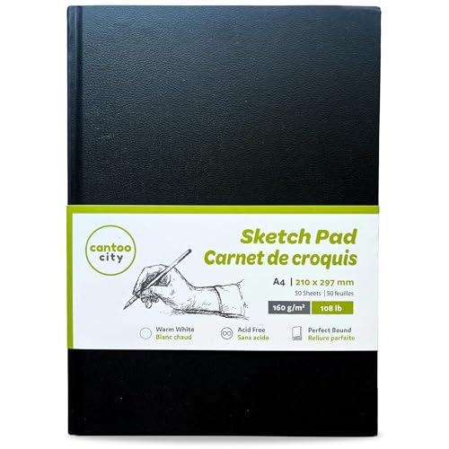 Cantoo City A4 Sketchbook, Professional Grade, Black Hard Cover Sketch Book, Art Drawing Book, Wood Free, Off White Thick Paper, Sketch Pad, Dry Media 100 Pages -160g/M² (108 Lb)
