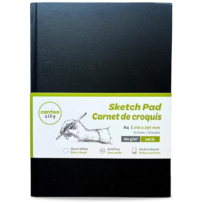 Cantoo City A4 Sketchbook, Professional Grade, Black Hard Cover Sketch Book, Art Drawing Book, Wood Free, Off White Thick Paper, Sketch Pad, Dry Media 100 Pages -160g/M² (108 Lb)