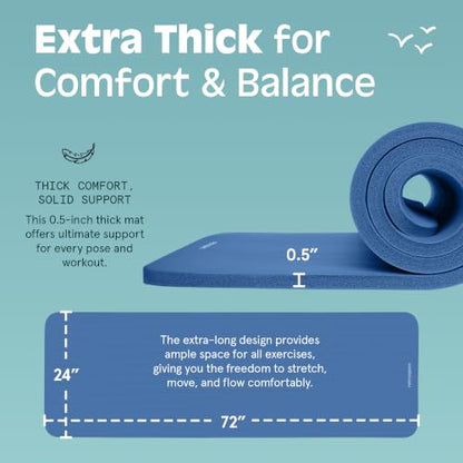 Retrospec Solana Yoga Mat Thick 1/2in Non-Slip Workout Mat with Nylon Strap - 72x24in Exercise Mat for Pilates, Stretching & Fitness - BPA Free, Easy Clean - color: Denim Blue