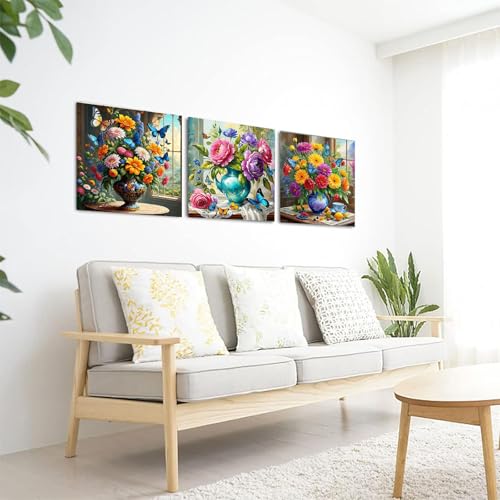 OFRKE Diamond Painting Kits for Adults,3 Pack Flower Vase Diamond Art for Beginners, Diamond Round 5D Full Drill Paint with Diamonds Pictures Gem Art Painting Kits DIY Crafts Kits 12x12inch - color: 3pcs-Flower Vase