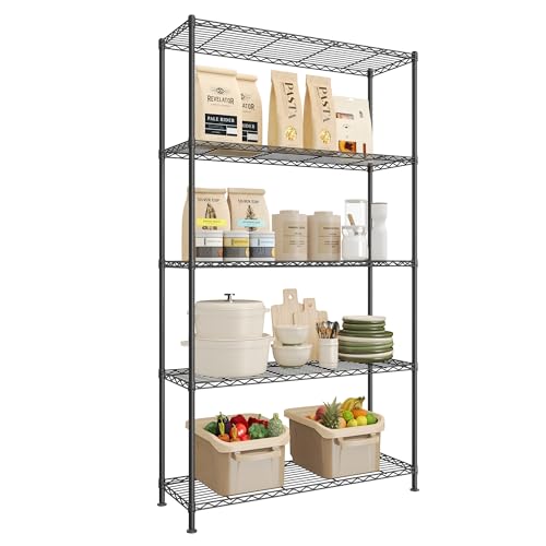 SONGMICS 5-Tier Bathroom Shelf, Storage Rack for Small Space | Adjustable Shelves, 11.8 x 35.4 x 63 Inches, Removable Hook, Ink Black, DALTEN Collection ULGR195BH01 - color: Ink Black, size: 5 Tiers (11.8"D x 35.4"W), style: Without PP Shelf Liners