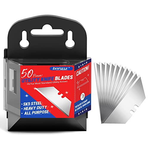 DIYSELF 50 Pack Utility Knife Blades, SK5 Steel Box Cutter Blades with Dispenser, Standard Blades for Box Cutter Utility Knife Replacement, Sharper Utility Blade, Refills | Standard replacement blade refills with dispenser for box cutters and razor knives