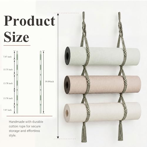 2 Pcs 59 Inch Yoga Mat Wall Mount Boho Handmade Cotton Rope Yoga Mat Sage 3 Insertion Holes Green Holder Wall Hanging Storage Pilates New Special Boho for Gym Home Space Saving Organizer