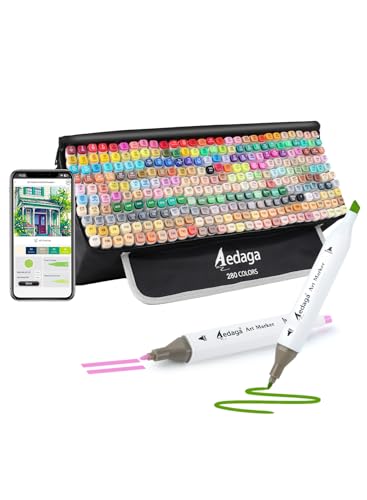 AEDAGA 280 Colors Dual Tip Alcohol Markers with Free App for Artists Adults | Art Marker with Kickstand Case | Alcohol Based Markers for Coloring Painting Sketching and Drawing | Great Gift - color: 280 Colors