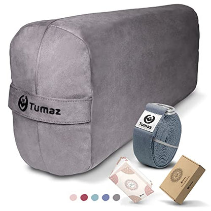 Tumaz Yoga Bolster Set, Rectangular Yoga Bolster with Washable Cover | Soft bolster for restorative yoga, meditation and stretching. Includes 8-ft strap, carry handle and washable cover - color: Gray