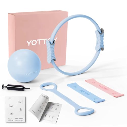 YOTTOY Pilates Ring and Ball Set, Figure 8 Resistance Bands, Stretch Bands&Guide,Pilates Equipment Set for Beginners for Home Workouts Core Strength, Yoga, Physical Therapy & Rehab - color: Blue, size: 15 Inch