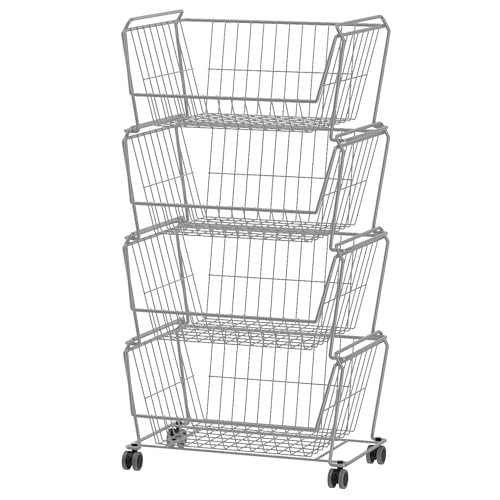PUSDON 4-Tier Large Stackable Wire Storage Baskets with Wheels, Metal Rolling Utility Cart Organizer, Fruit and Vegetable Produce Basket for Kitchen Pantry, Bathroom Floor Shelf, Silver Grey - color: Silver Grey, size: 4 Tier Plus