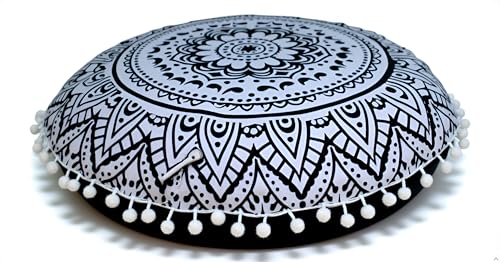 CRAFT KALA 32" Round Mandala Boho Pillow Cover Meditation India Room Seating Poufs Cover for Living Yoga Room Home Décor Bedroom Balcony Garden Decoration Cotton Floor Cushion Cover Black White Flower - color: Black and White Flower, size: 32"