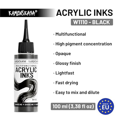 Acrylic Inks for Artists - Black Acrylic Ink, 3.38 Fl Oz (100 ml) | Highly Concentrated, Multifunctional Liquid Acrylic Paint - color: Black