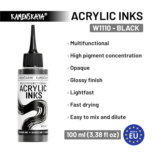 KAMENSKAYA Acrylic Inks for Artists - Black Acrylic Ink, 3.38 Fl Oz (100 ml) | Highly Concentrated, Multifunctional Liquid Acrylic Paint - color: Black