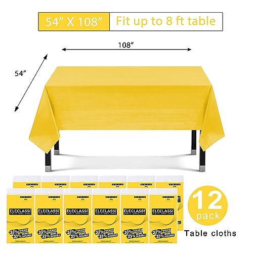 Eleclassi Yellow 12 Pack Premium Disposable Plastic Tablecloth 54 x 108 in - Plastic Table Cloth Disposable Tablecloth for Rectangle Table Up to 8 Feet - color: Yellow, size: 12 Pack Rectangle