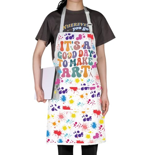 WZMPA Artist Painters Apron With Pockets - It's A Good Day to Make Art - Adjustable Apron for Teacher, Lover, Student Gift - color: Make Art F White
