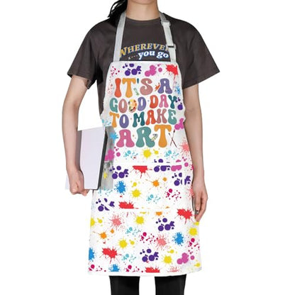 WZMPA Artist Painters Apron With Pockets - It's A Good Day to Make Art - Adjustable Apron for Teacher, Lover, Student Gift - color: Make Art F White