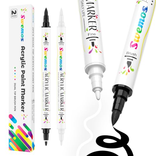 2PCS Black And White Acrylic Paint Markers, Dual Tip Acrylic Paint Pens | Acrylic Markers Set Suitable for Fabric, Rocks, Canvas, Ceramic, Wood, Glass, Coloring Book, Almost All Surface
