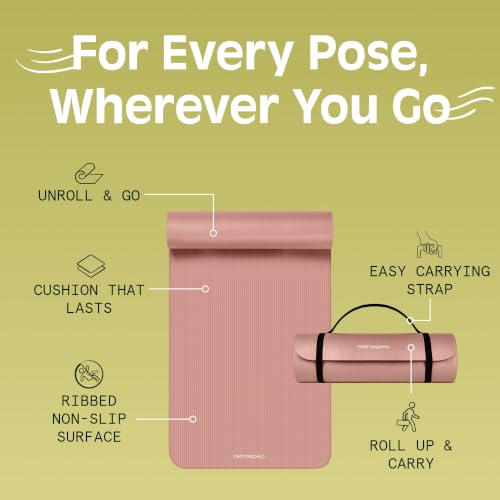 Retrospec Solana Yoga Mat Thick 1/2in Non-Slip Workout Mat with Nylon Strap - 72x24in Exercise Mat for Pilates, Stretching & Fitness - BPA Free, Easy Clean - color: Rose