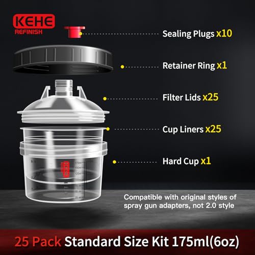 Disposable Paint Cups for Spray Gun,Mixing Cups 6 Ounce (175ml) Kit with 25 Liners and Lids with Strainer System for HVLP&LVLP,1 Hard Cup with Retainer Ring,10 Plugs,3 Caps,1 Wash Bottle - size: 6 oz (Mini)-25Pack