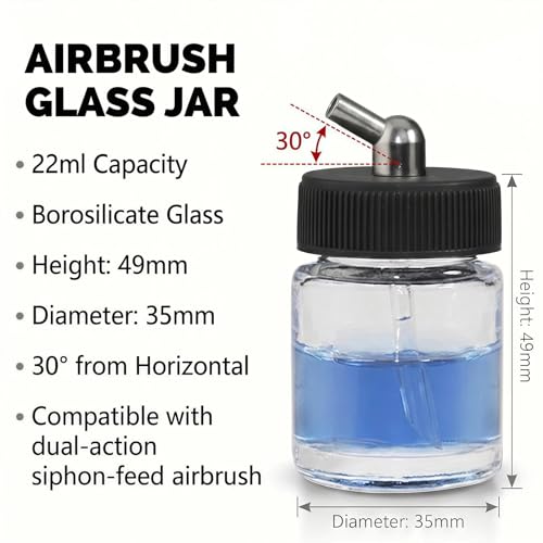 10pk 0.75oz Glass Airbrush Bottles,60°Siphon with Storage Lids & Cap | 60° siphon adapter fits Iwata/Master/Badger/Paasche. 10 glass jars + 5 sealing lids for storage + 10 silicone dust caps - size: G3PG