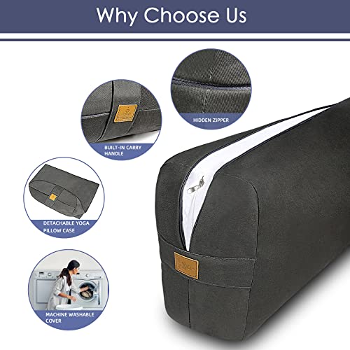 Yoga Bolster Pillow 26x10.5x5.5in Rectangular Meditation Cushion for Massage and Back Support, Breathable Cotton Fill, Zippered Organic Cotton Cover, Easy-Carry Handle, Machine Washable (Black) - color: Black-1