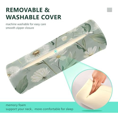 Sage Green Dandelion Neck Roll Pillow Bolster Round Health Memory Foam Long Cervical Cylinder Pillows with Removable Washable Cover for Body Bed Legs Back Yoga - color: Sage Green Dandelion