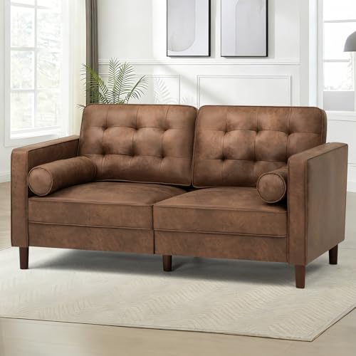 67" Suede Leather 2-seat Sofa with Two Bolster Pillows, Brown - color: Brown, size: 67" Loveseat