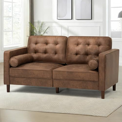 67" Suede Leather 2-seat Sofa with Two Bolster Pillows, Brown - color: Brown, size: 67" Loveseat