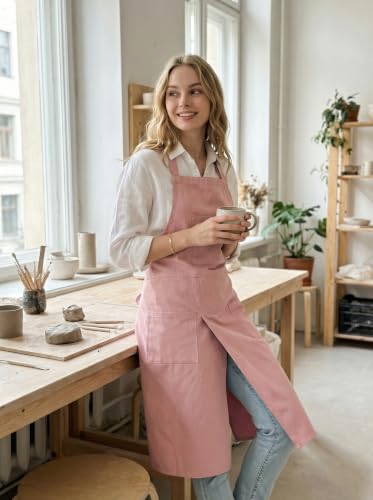 Molaxhome Split Pottery Apron with 3 Pockets Unisex with Adjustable Strap | Cotton Blend,Kitchen Apron,for Ceramics,Gardening,Kitchen Cooking - color: Pink