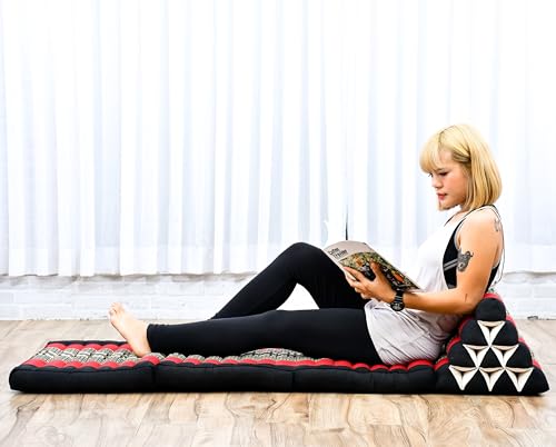 Leewadee - Comfortable Japanese Floor Mattress - Thai Floor Bed with Triangle Cushion - Futon Mattress - Thai Massage Mat, 67 x 21 inches, Black Red, Kapok Filling | Floor & lounge cushion for relaxing, reading & TV - for meditation & yoga, firm & stable