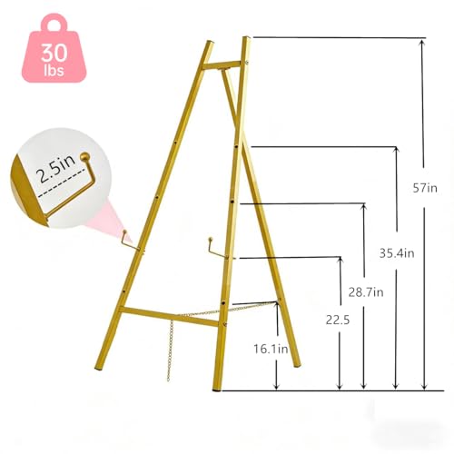 57" Gold Easel Stand for Sign, Heavy Duty Metal Floor Display Easel | 4-Tier Adjustable Floor Display Easel for Wedding Signs, Welcome Signs, Posters, Mirrors, Pictures, Art, Parties & Paintings - size: 57