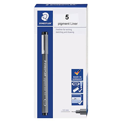 Staedtler Pigment Liner, Fineliner Pen for Drawing, Drafting, Journaling, 0.3mm, Black, Box of 5 Pens, 308 03-9M - style: 0.3mm