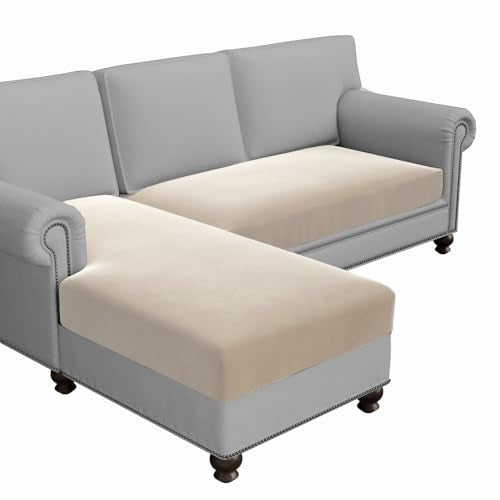 H.VERSAILTEX Fleece 2 Piece Sectional Couch Covers L Shape Stretch Couch Cushion Covers Thick and Soft Sofa Covers for Sectional Sofa Set Washable (2 Seater + 1 Chaise, Ivory) - color: Ivory, size: 2 Seater + Chaise