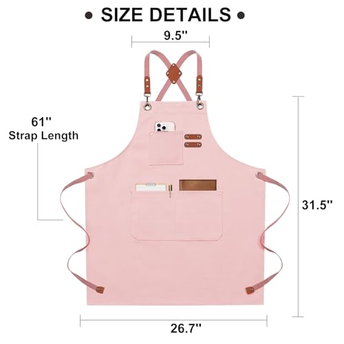 ZOMAO Chef Apron for Women Men with Large Pockets, Cotton Canvas Cross Back Waterproof Work Aprons for Kitchen Cooking Bib - color: Lightpink