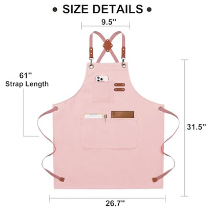 ZOMAO Chef Apron for Women Men with Large Pockets, Cotton Canvas Cross Back Waterproof Work Aprons for Kitchen Cooking Bib - color: Lightpink
