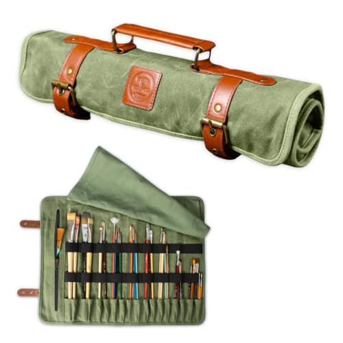 Earth & Fiber Co. Waxed Canvas & Leather Paint Brush Holder - Art Bag for Painting, Drawing & Art Supplies - 16 Pocket Rectangular Green Vintage/Rustic Classic Paint Brush Case - color: green