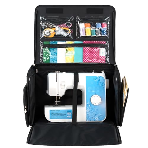 Everything Mary 4 Wheels Collapsible Deluxe Sewing Machine Storage Case - Rolling Trolley Carrying Bag for Brother, Singer - color: Grey Floral