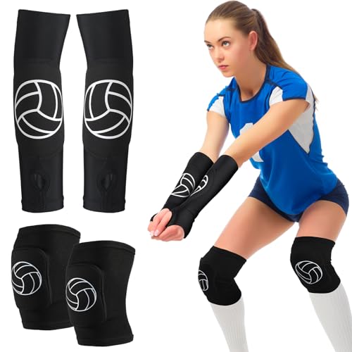 Hungdao 1 Set Volleyball Knee Pad and Arm Sleeve Volleyball Accessories Stuff Forearm Elbow Sleeve Wrist Guard with Protection Pad and Thumb Hole for Women Men Adult(Stylish) - color: Stylish