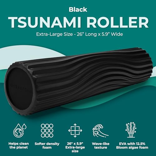 Oceanfoam Tsunami Roller (Black) - Extra-Large, 26" x 5.9" - Soft, Textured Foam Roller for Physical Therapy, Back Pain, Exercise & Stretching - Wave Textured - Yoga, Athletics, & Wellness - color: Black