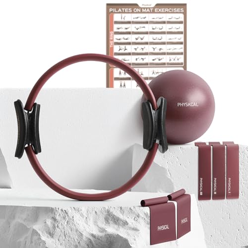 PhysKcal Pilates Kit, 15-Inch Pilates Ring with 1x Pilates Ball & 5X Bands | Aesthetic Home Pilates Equipment Set, Essential Kit for Beginners in Minimalist Style. Comes in Premium Packaging - color: Plum
