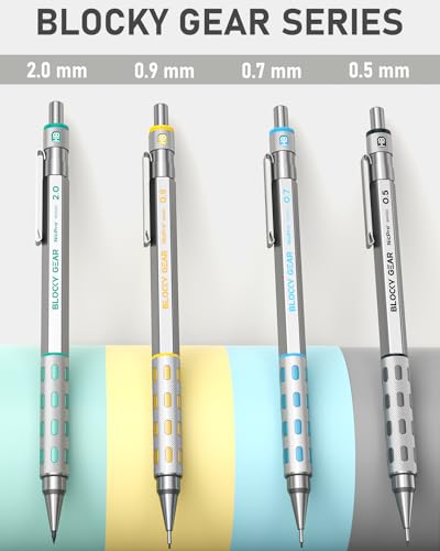 Nicpro Blocky Gear Metal Mechanical Pencil Set with Leather Case | 40PCS Art Drafting Pencil 0.5/0.7/0.9/2mm Lead Pencil with 352PCS (HB 2H 4H 2B 4B 6B Color) Lead Refill for Sketching Drawing - style: 6 PACK with Leather Bag