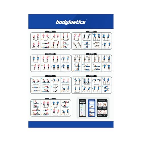 Bodylastics 특허받은 베이직 시리즈 저항 밴드 세트 - 스냅 감소 기술이 적용된 저항 밴드, 손잡이 2개, 발목 스트랩 2개, 도어 앵커 1개 및 휴대용 가방 1개 - color: 운동 가이드 포스터