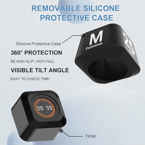 Rotating Cube Visual Pomodoro Timer 5, 25, 10, 50 Min Preset+Custom Mode | Rechargeable Cube Desk Productivity Flip Timer with Custom, Detachable Silicone Case, Ideal for ADHD Tool Study Work School - color: Black