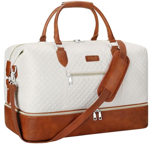ITIEZY Weekender Bag for Women 21.5" Travel Duffel Large Carry On Bag 3PCS | Nylon Duffel Bag with Waterproof Shoe Compartment, Crossbody Bag and Toiletry Bag, Travel Weekend Hospital Overnight Gym Bag - color: 1-Beige