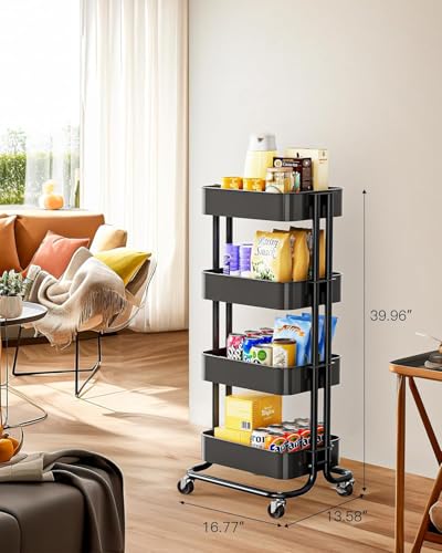 Pipishell 4 Tier Metal Rolling Utility Cart with 2 Lockable Wheels, Black | 360° Rotating Wheel, Heavy-Duty Steel, Sturdy Dual Columns, Ventilated Mesh, Hold 22 lbs per Shelf, for Kitchen & Dining Room - color: Black, size: 4 Tier