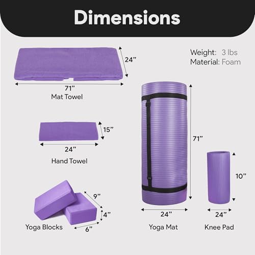 BalanceFrom 7-Piece Yoga Set with 71x24x0.5 Inches Extra Thick Mat and Carrying Sling – Includes 2 Blocks, Stretch Strap, 2 Towels, and Knee Pad for Home, Studio, and Gym Workouts - color: Purple