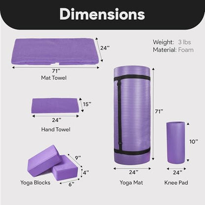 BalanceFrom 7-Piece Yoga Set with 71x24x0.5 Inches Extra Thick Mat and Carrying Sling – Includes 2 Blocks, Stretch Strap, 2 Towels, and Knee Pad for Home, Studio, and Gym Workouts - color: Purple